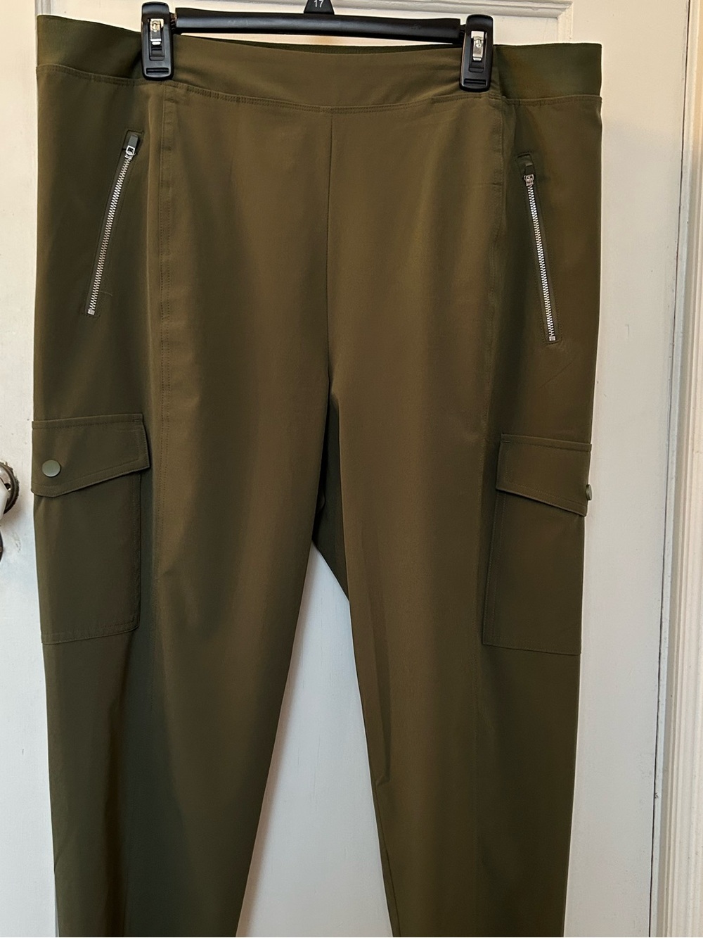 Olive Green Cargo Ponte Pants with Zip Pockets